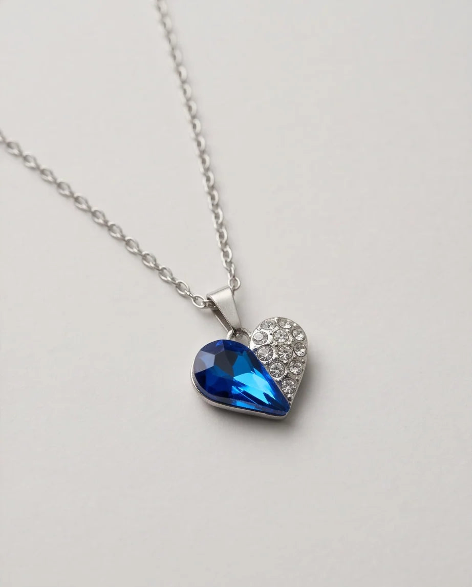 Silver Sapphire Heart Pavé Pendant Necklace