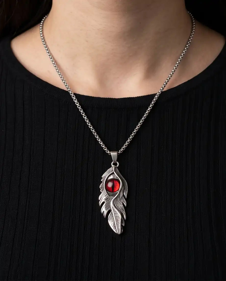 Red Dragon Eye Feather Pendant Box Chain