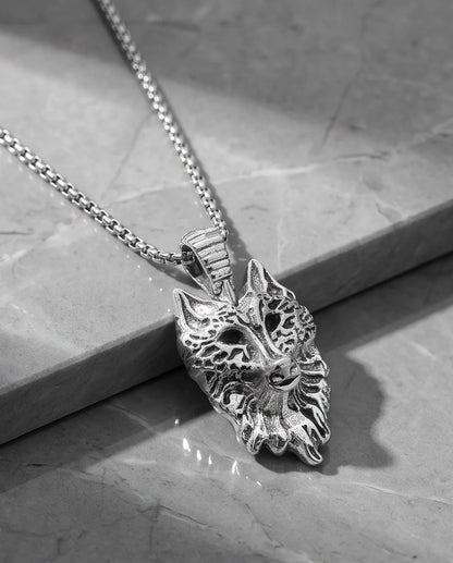 Silver Sculpted Wolf Head Pendant Necklace