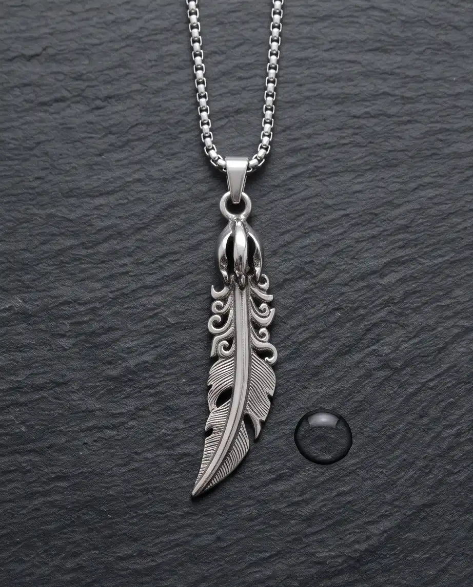 Gothic Filigree Feather Pendant Silver Box Chain Necklace