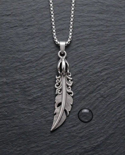 Gothic Filigree Feather Pendant Silver Box Chain Necklace