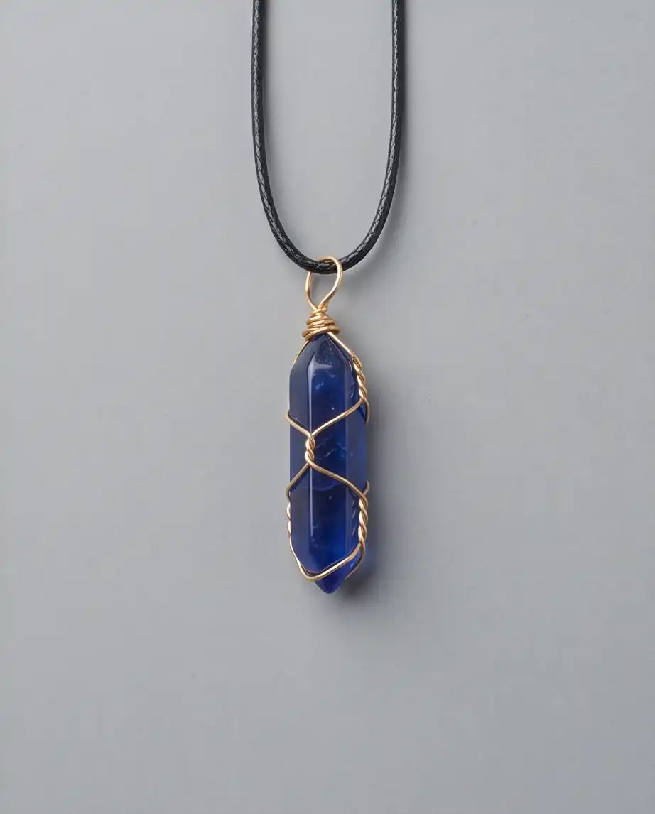 Wire-Wrapped Deep Blue Crystal Point Pendant Box Chain