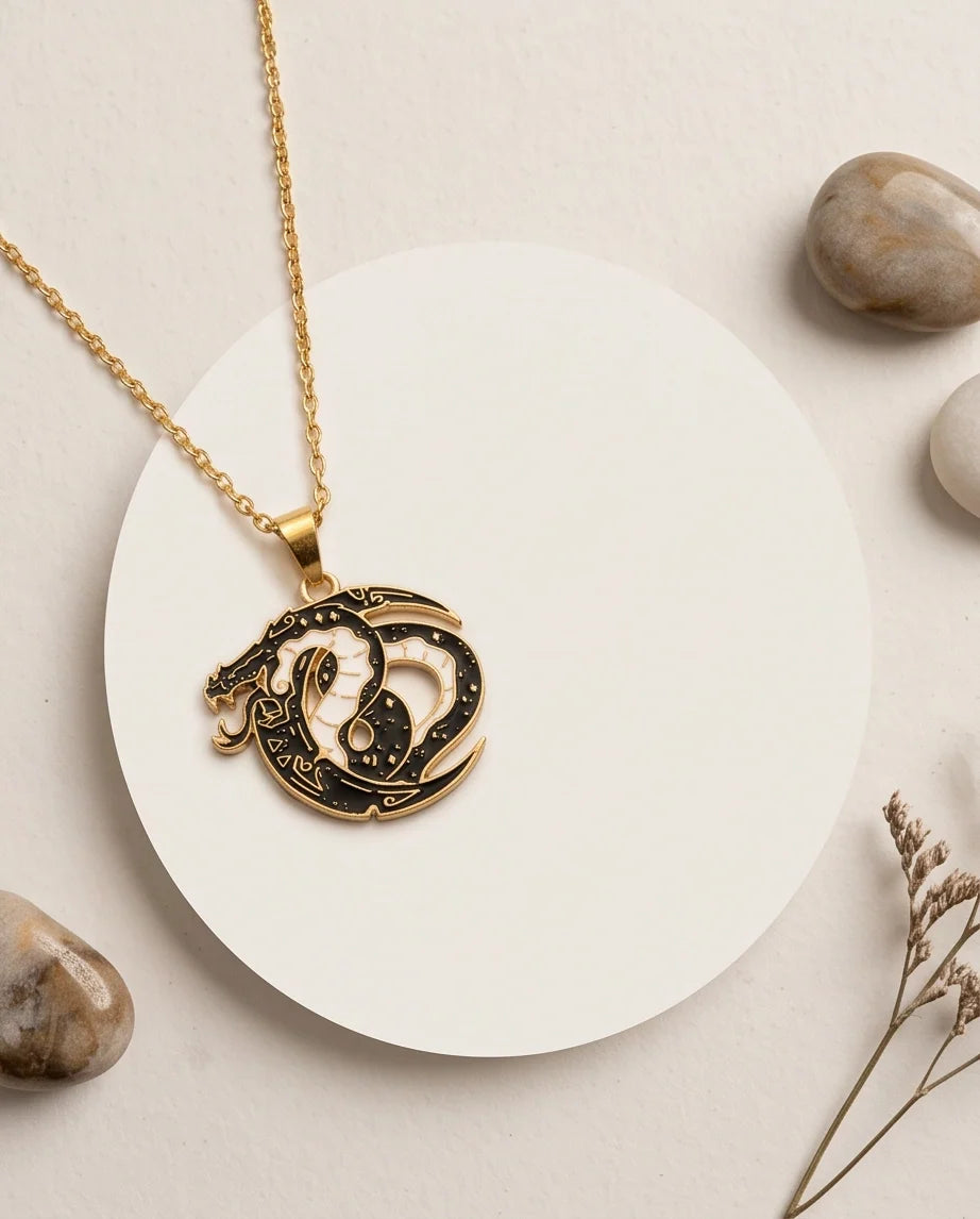 Gold Coiled Dragon Black & White Enamel Pendant Necklace