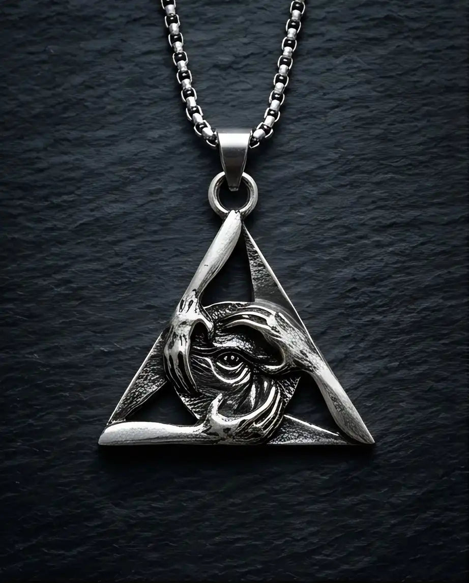 Gothic Triangle Creepy Hands Eye Pendant Box Chain