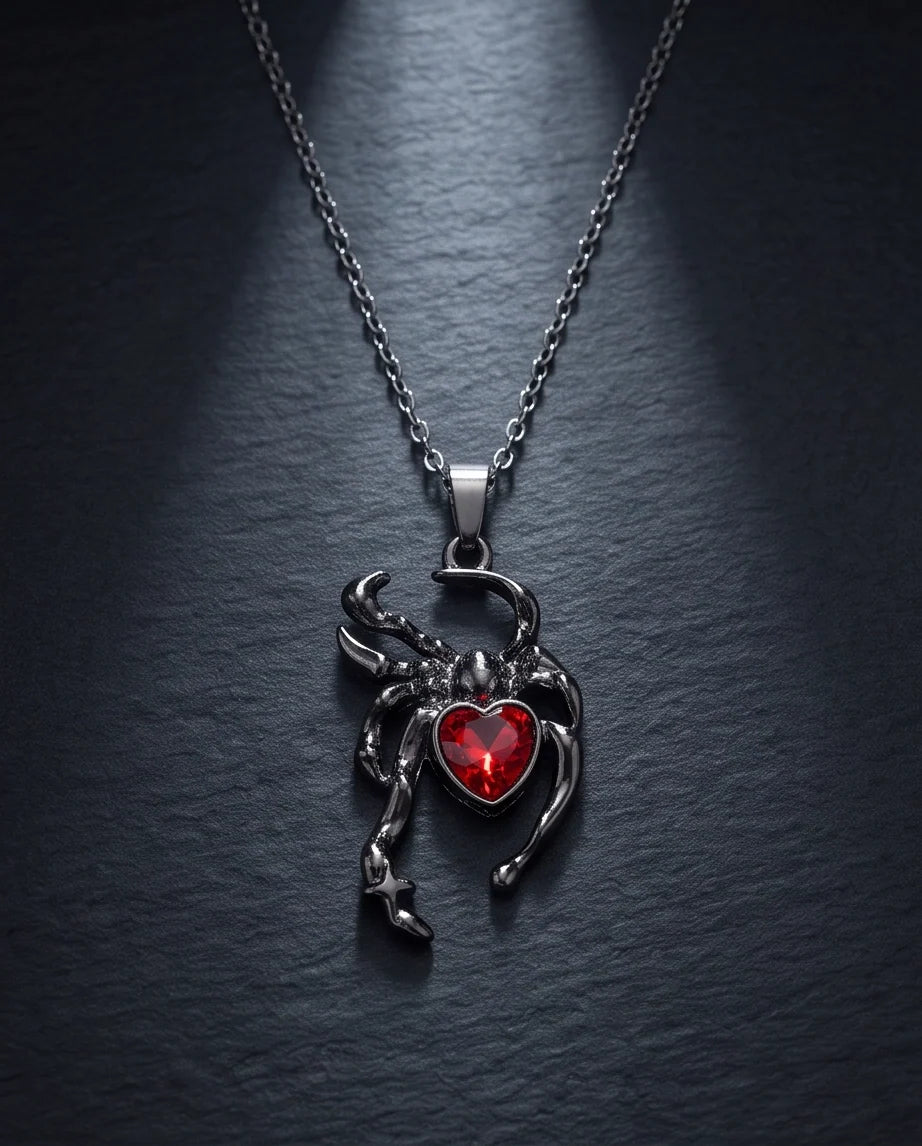 Black Spider Red Heart Crystal Gem Pendant Necklace