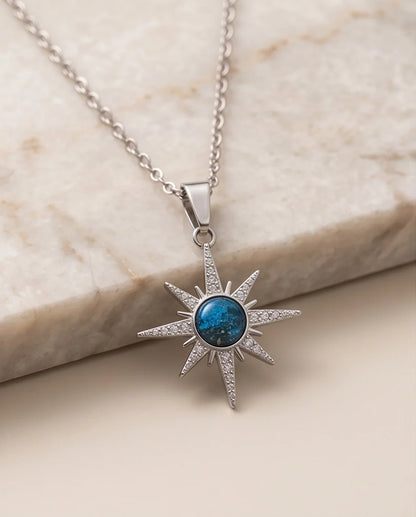 Silver Crystal Paved North Star Cosmic Orb Pendant Necklace