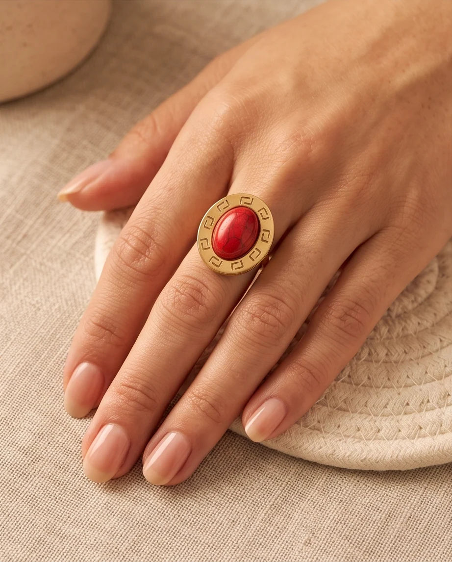 Solstice Greek Key Crimson Cabochon Ring