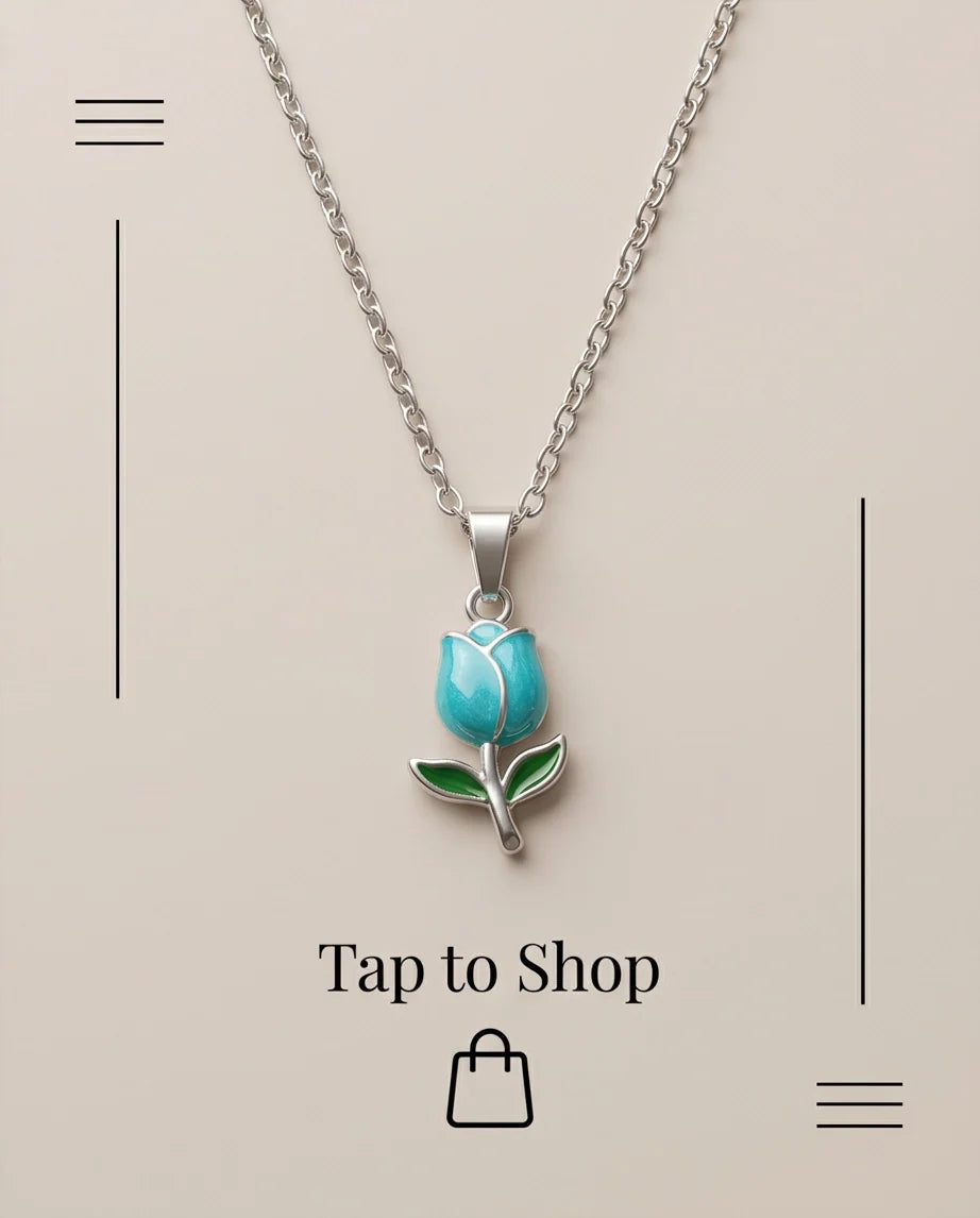 Silver Light Blue Enamel Tulip Pendant Necklace