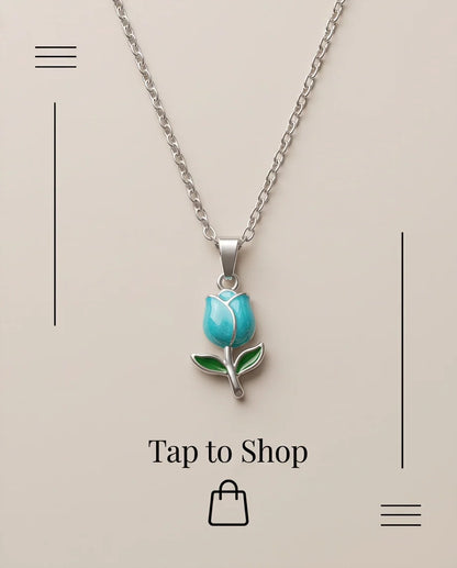 Silver Light Blue Enamel Tulip Pendant Necklace