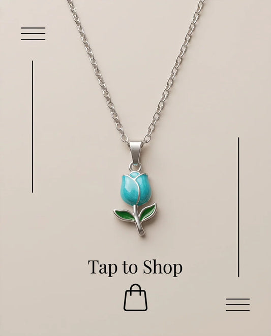Silver Light Blue Enamel Tulip Pendant Necklace