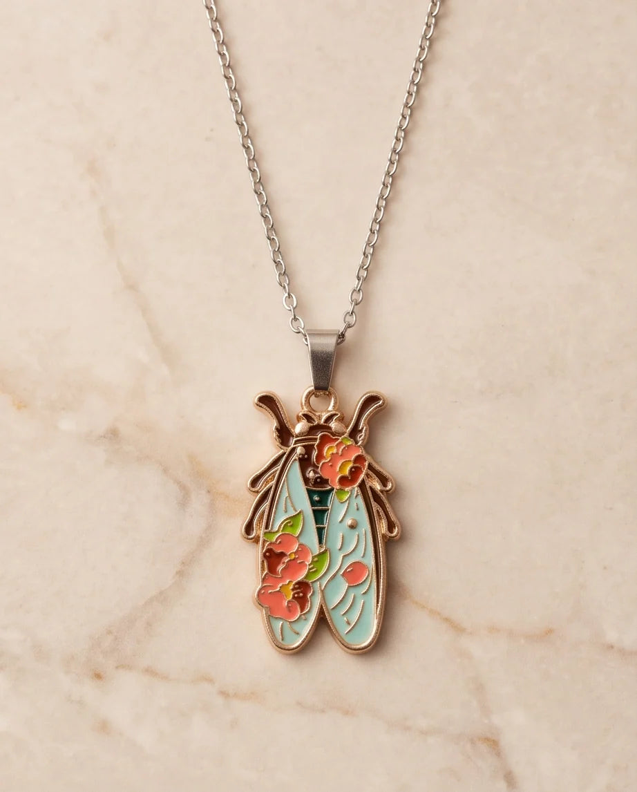Gold Floral Cicada Enamel Chain Necklace