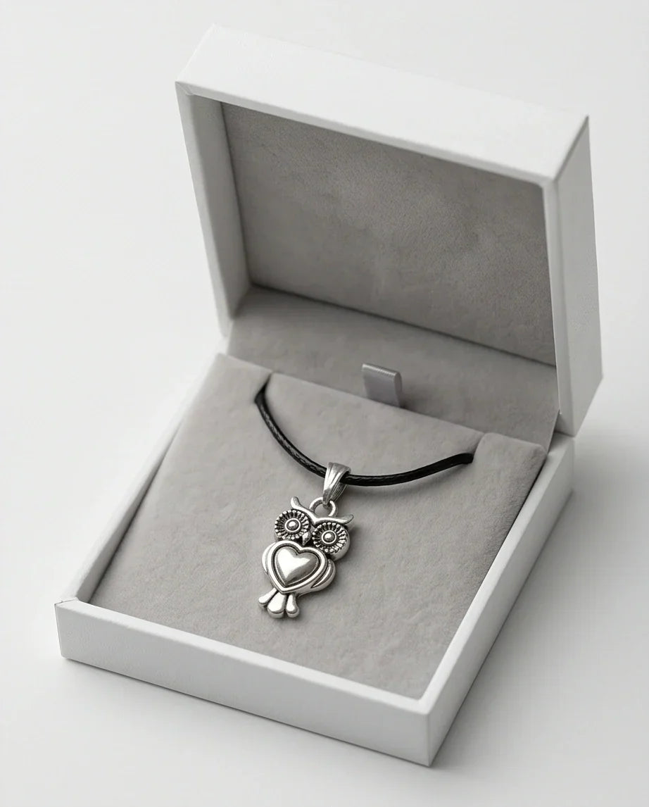 Silver Retro Heart Owl Necklace