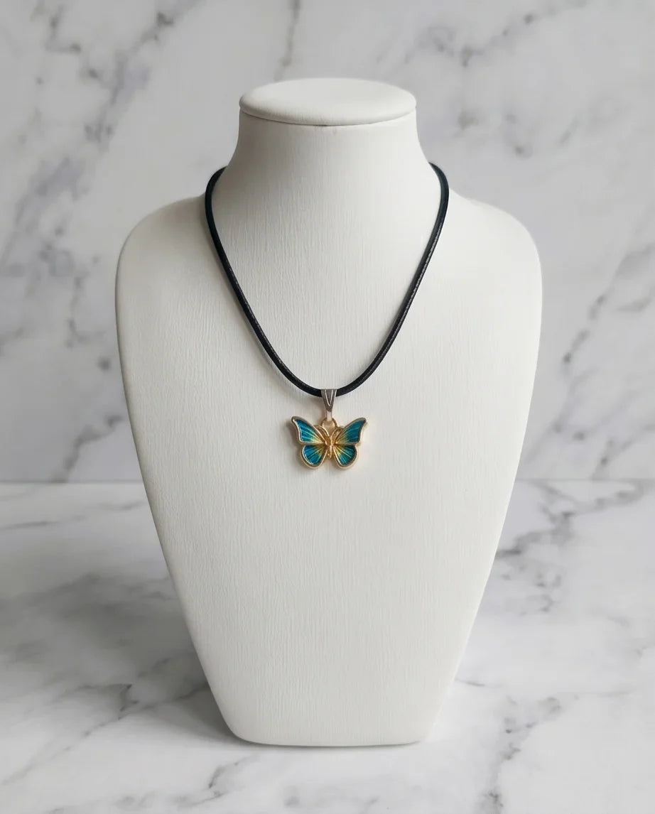 Teal & Gold Butterfly Pendant Necklace