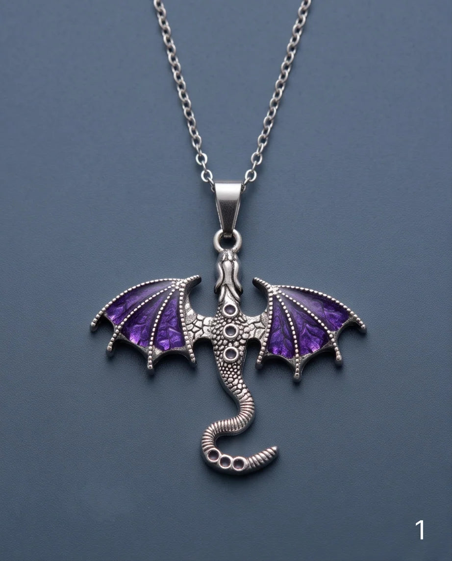Silver Purple Enamel Dragon Wyvern Pendant Necklace