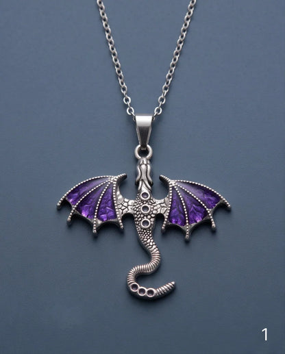 Silver Purple Enamel Dragon Wyvern Pendant Necklace
