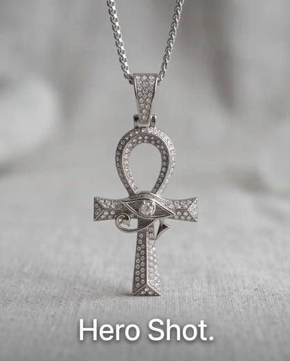 Iced Egyptian Ankh Cross & Eye of Horus Pendant Silver Box Chain Necklace