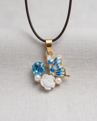 Gold Blue Enamel Butterfly & Pearl Rose Cluster Pendant Necklace