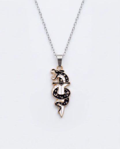 Gold Snake & Dagger Celestial Enamel Pendant Necklace