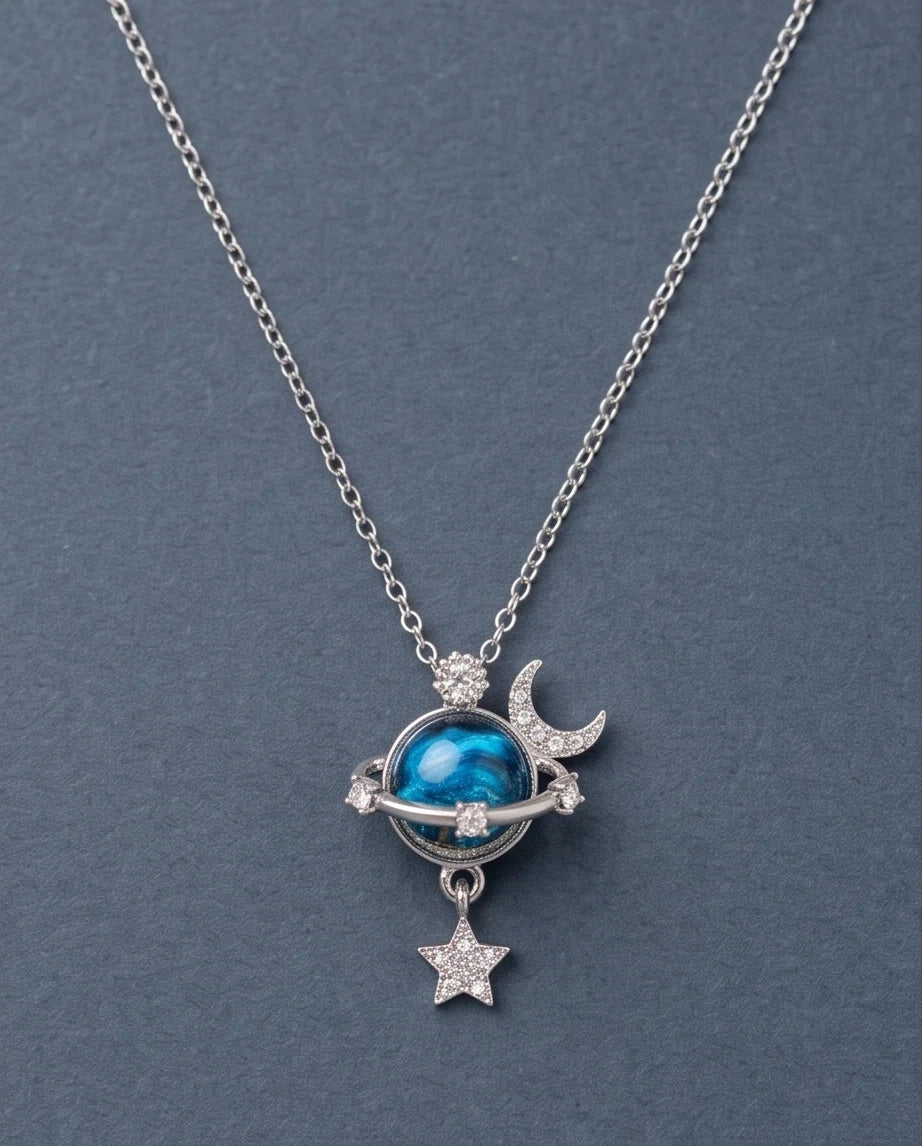 Silver Cosmic Planet Crescent Moon & Star Dangle Pendant Necklace