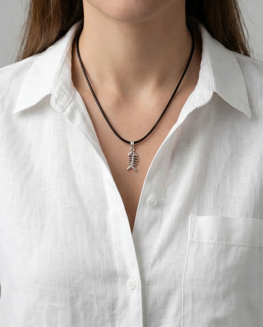 Silver Quirky Fishbone Pendant Necklace