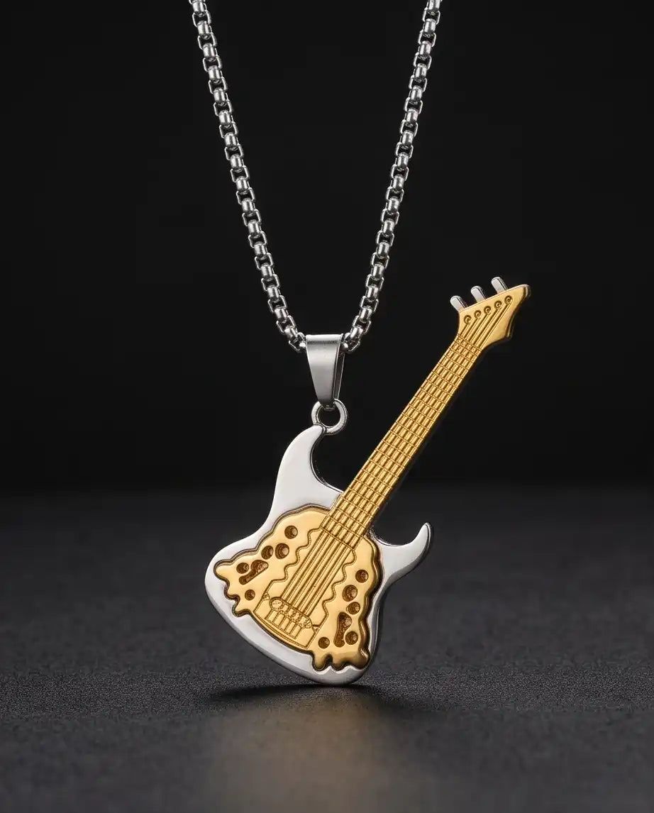 Two-Tone Electric Guitar Pendant Silver Box Chain Necklace