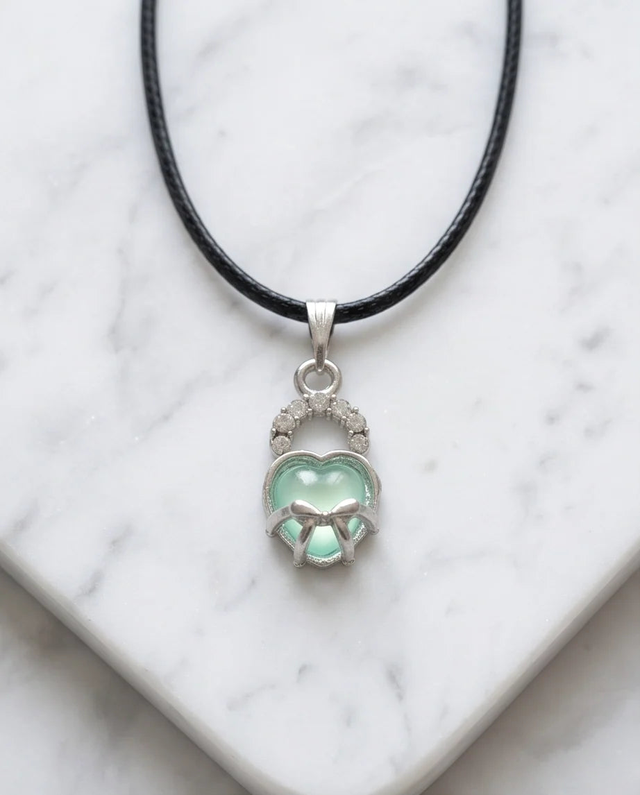 Green Heart Bow Lock Pendant Necklace