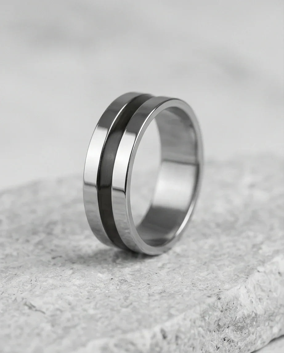 Minimalist Dual-Tone Silver and Black Band Ring