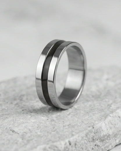Minimalist Dual-Tone Silver and Black Band Ring