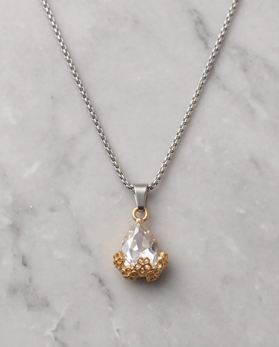 Gold Clear Teardrop Floral Basket Pendant Necklace