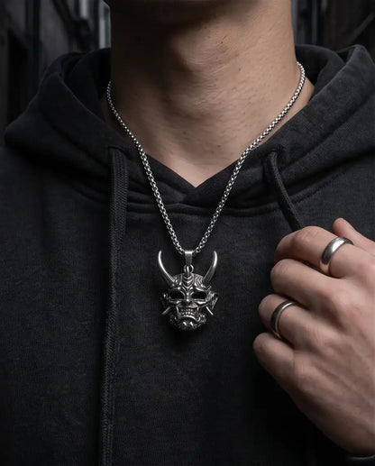 Japanese Horned Oni Mask Pendant Box Chain