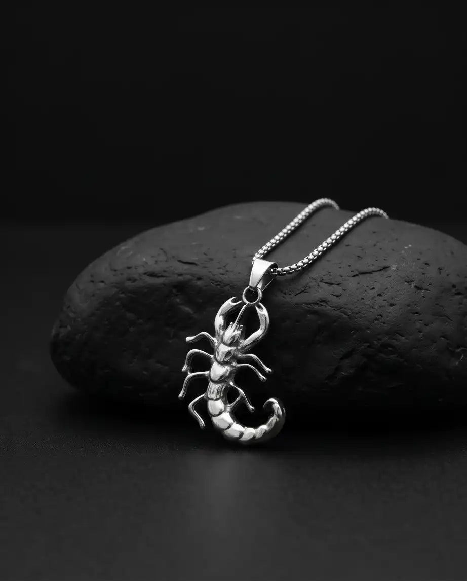 Sculpted Scorpion Pendant Silver Box Chain Necklace