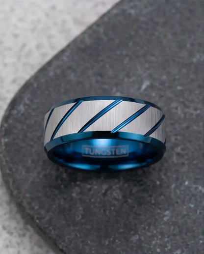 Two-Tone Brushed Silver and Blue Diagonal Groove Band Ring