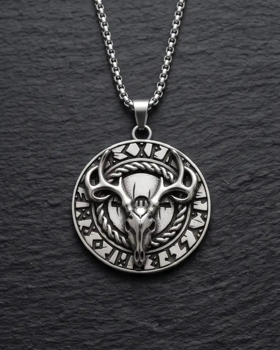 Antiqued Norse Rune Deer Skull Pendant Box Chain