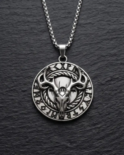 Antiqued Norse Rune Deer Skull Pendant Box Chain