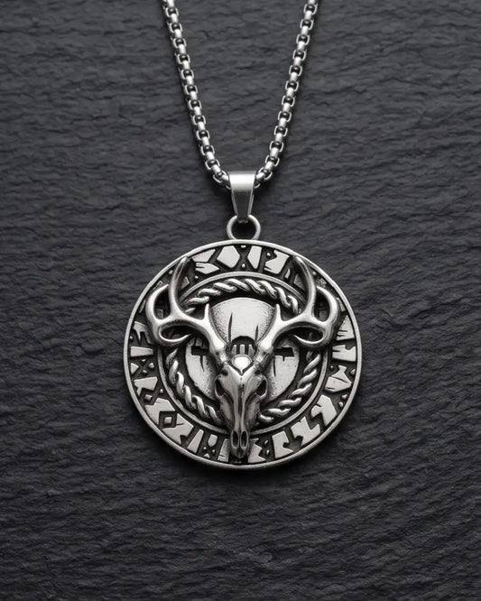 Antiqued Norse Rune Deer Skull Pendant Box Chain
