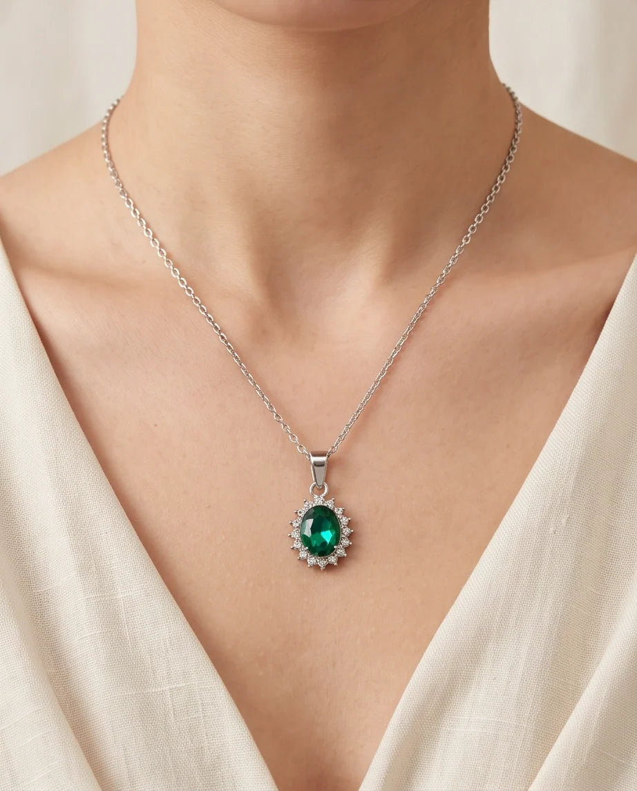 Silver Emerald Green Oval Halo Medallion Pendant Necklace