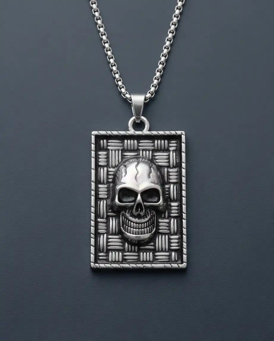 Gothic Skull Basketweave Tag Silver Box Chain Necklace