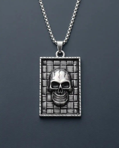 Gothic Skull Basketweave Tag Silver Box Chain Necklace