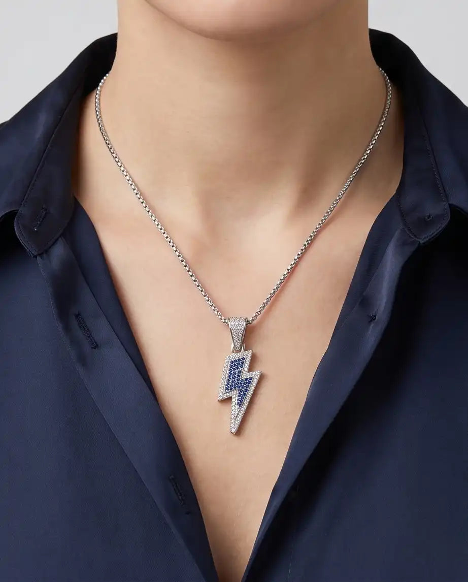 Blue Iced Lightning Bolt Pendant Box Chain