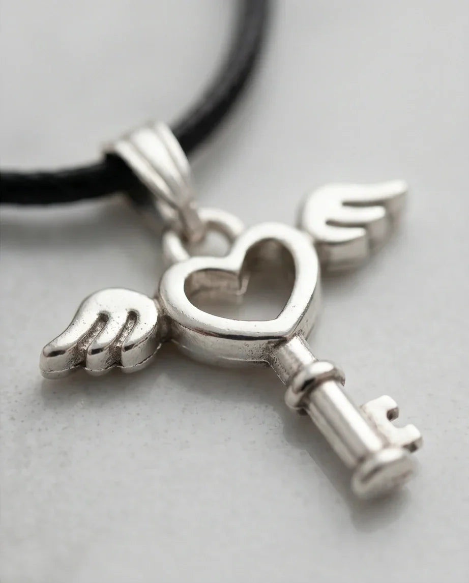Silver Angel Wing Heart Key Necklace