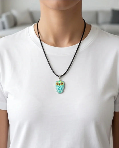 Vibrant Mint Blue Owl Totem Pendant Necklace