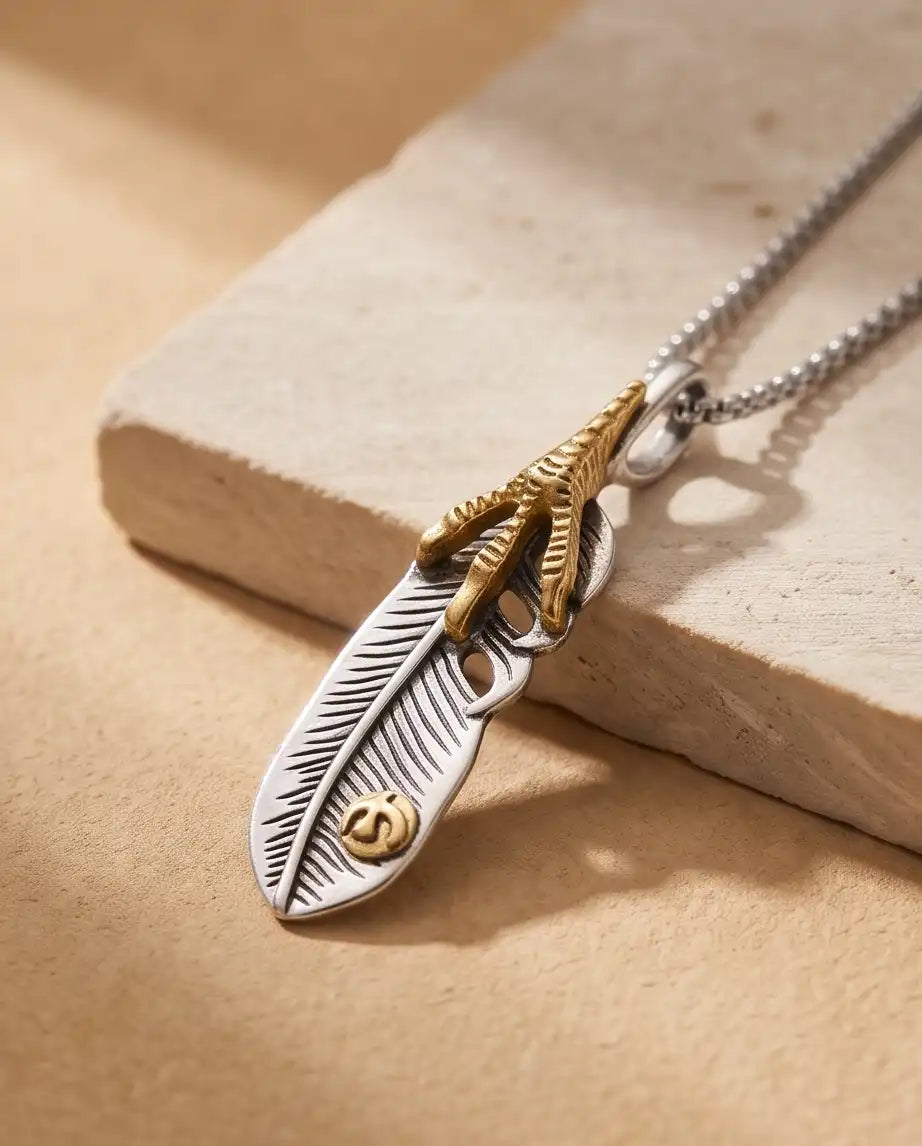 Two-Tone Eagle Claw Feather Pendant Silver Box Chain Necklace