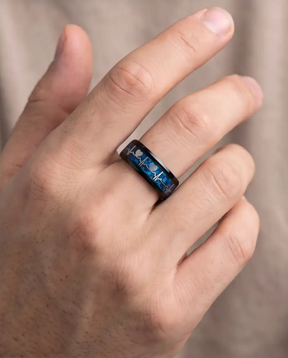 Black and Blue Carbon Fiber Heartbeat EKG Ring