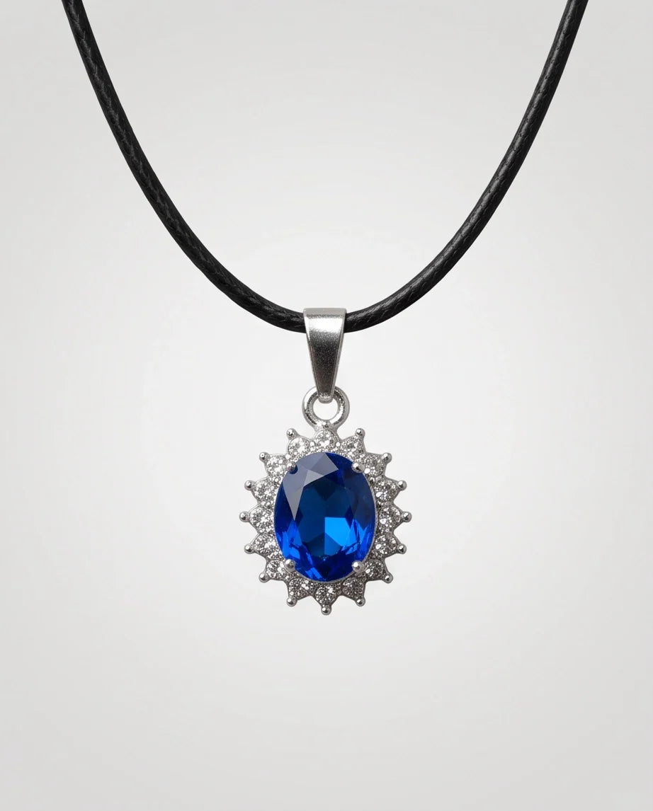 Silver Sapphire Blue Oval Halo Medallion Pendant Necklace