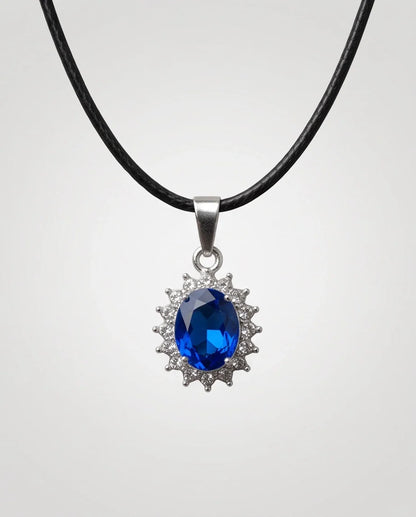 Silver Sapphire Blue Oval Halo Medallion Pendant Necklace