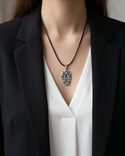 Intricate Monochrome Owl Totem Pendant Necklace