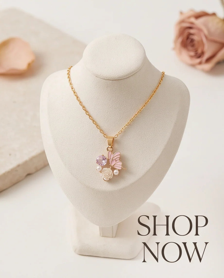 Gold Pink Enamel Butterfly & Pearl Rose Cluster Pendant Necklace