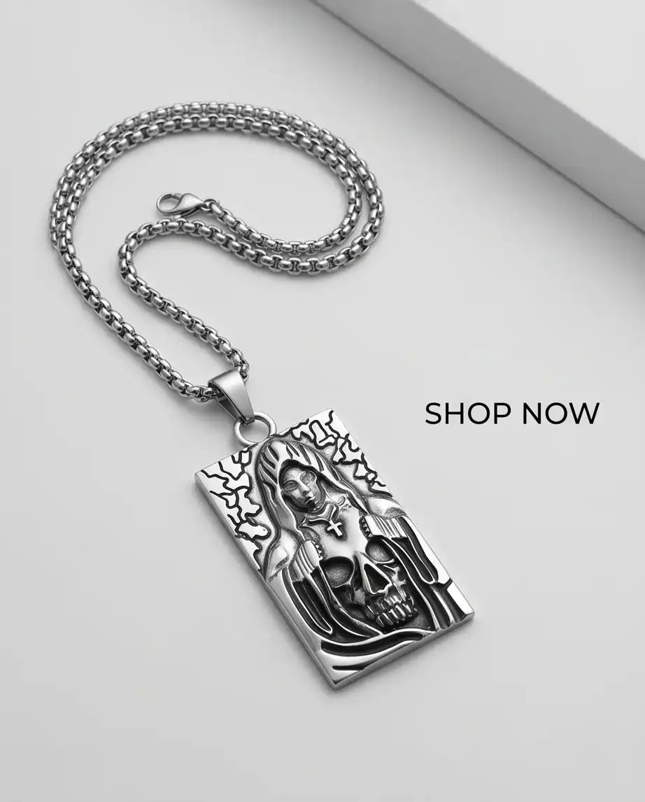 Hooded Grim Reaper Skull Dog Tag Pendant Box Chain