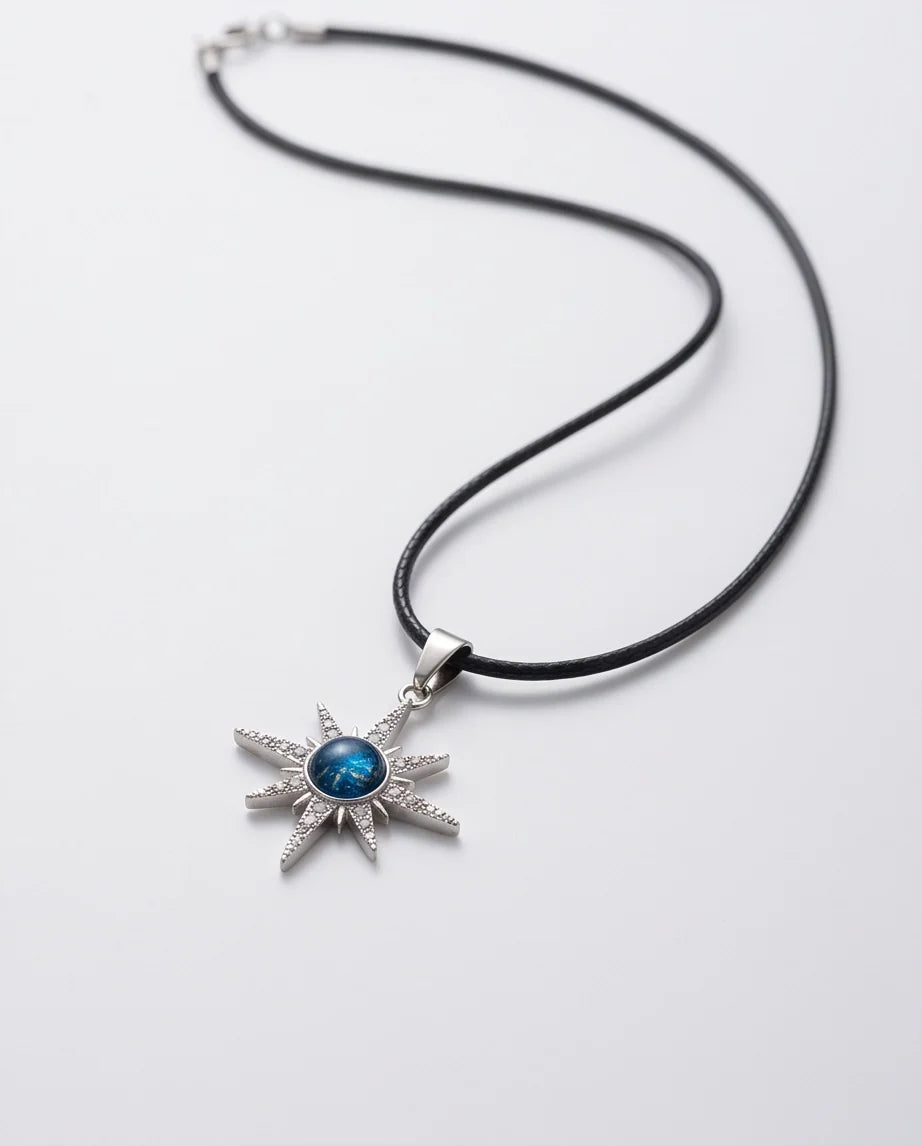 Silver Crystal Paved North Star Cosmic Orb Pendant Necklace