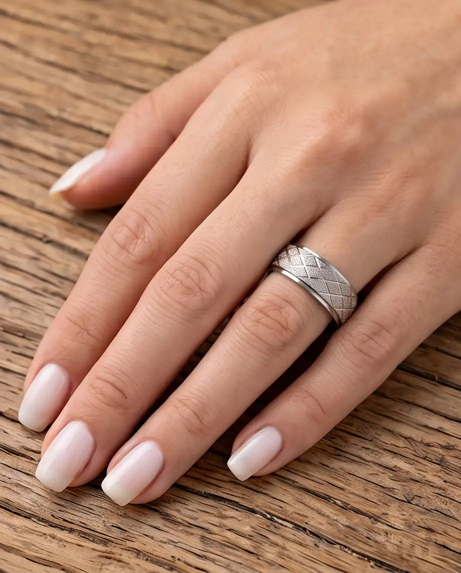 Silver Diamond Texture Grid Band Ring